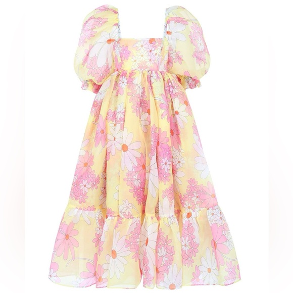 💫NWT💫Selkie French Puff Midi Dress Goldie Yellow Pink Daisy Floral Print L - Picture 9 of 11